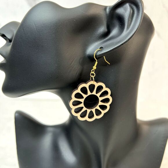 Handmade Jewelry - Wooden Flower Cutout Dangle Earrings